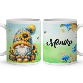 Névvel kérhető - Ülő napraforgós manó mintás bögre