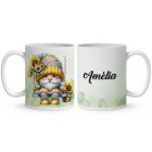 Névvel kérhető - Szép szemű hintázó napraforgós manó mintás bögre