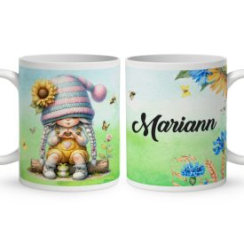   Névvel kérhető - Szívecskés napraforgós manó lány mintás bögre