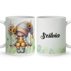 Névvel kérhető - Hintázós napraforgós manó lány mintás bögre