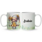 Névvel kérhető - Hintázós napraforgós manó lány mintás bögre