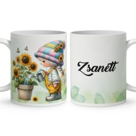   Névvel kérhető - Locsolós napraforgós manó lány mintás bögre