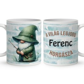Névvel kérhető - Horgász manó esőben mintás bögre