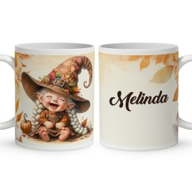 Névvel kérhető - Kacagó őszi manó lány mintás bögre