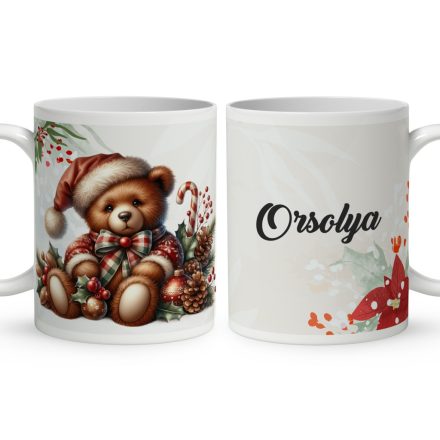 Névvel kérhető - Karácsonyi Teddy maci (toboz) mintás bögre