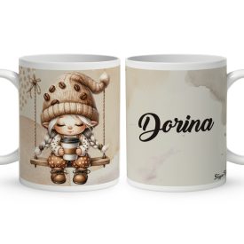   Névvel kérhető - Hintázó kávés manó lány mintás bögre