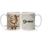 Névvel kérhető - Hintázó kávés manó lány mintás bögre