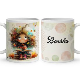   Névvel kérhető - Álmodó őszi Könyvmoly lány mintás bögre