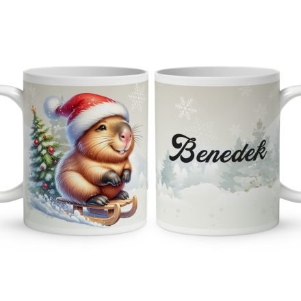 Névvel kérhető - Vidám szánkós capybara mintás bögre