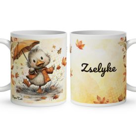   Névvel kérhető - Cuki őszi esernyős kiskacsa mintás bögre