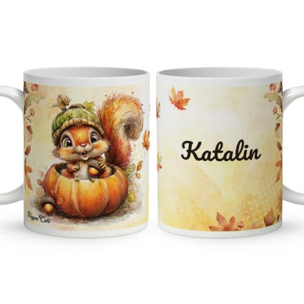 Névvel kérhető - Cuki őszi kis mókus a tökben mintás bögre