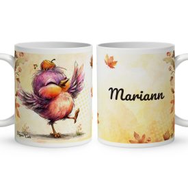   Névvel kérhető - Cuki őszi táncoló kismadár mintás bögre