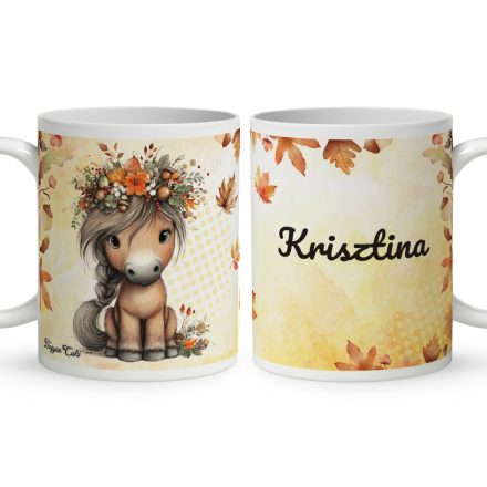 Névvel kérhető - Cuki őszi virágkoszorús póni mintás bögre
