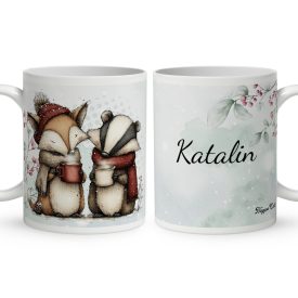   Névvel kérhető - Cuki karácsonyi róka és a borz kávéval mintás bögre