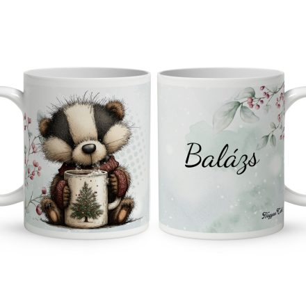 Névvel kérhető - Cuki karácsonyi borz egy kávéval mintás bögre