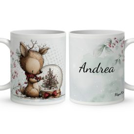   Névvel kérhető - Cuki karácsonyi őzike hógömbbel mintás bögre