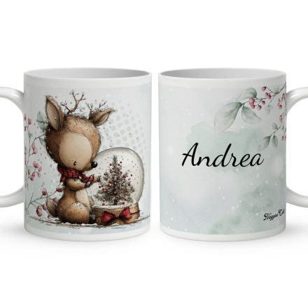 Névvel kérhető - Cuki karácsonyi őzike hógömbbel mintás bögre