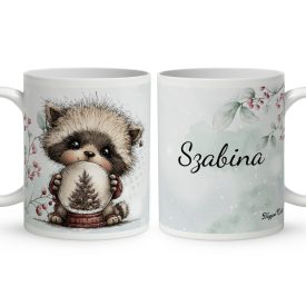   Névvel kérhető - Cuki karácsonyi mosómaci hógömbbel mintás bögre