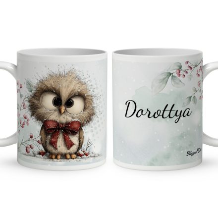 Névvel kérhető - Cuki karácsonyi bagoly nagy masnival mintás bögre