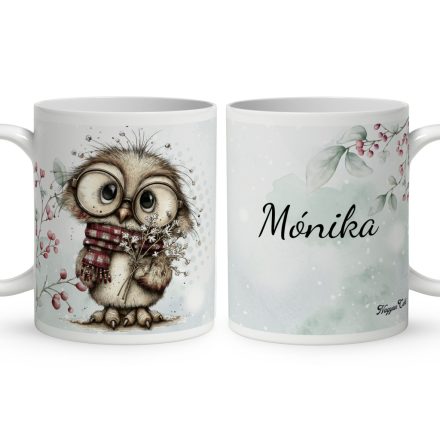 Névvel kérhető - Cuki karácsonyi bagoly szemüvegben mintás bögre