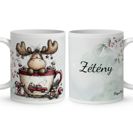 Névvel kérhető - Cuki karácsonyi jávorszarvas mintás bögre