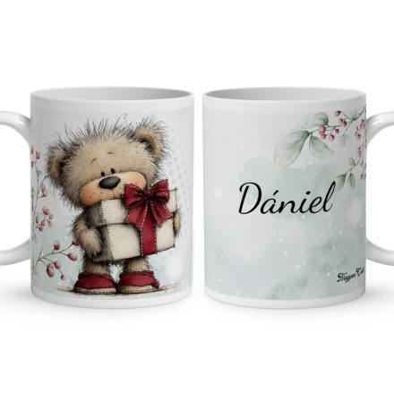 Névvel kérhető - Cuki karácsonyi maci ajándékkal mintás bögre