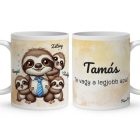 Névvel kérhető - Nyakkendős Cuki lajhár Apa és három gyerek mintás bögre