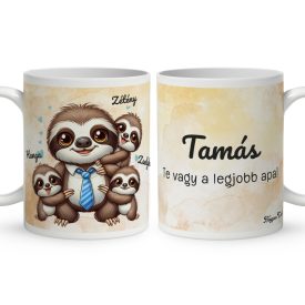   Névvel kérhető - Nyakkendős Cuki lajhár Apa és három gyerek mintás bögre