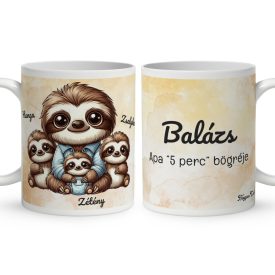   Névvel kérhető - Cuki lajhár Apa és három kis lajhár mintás bögre