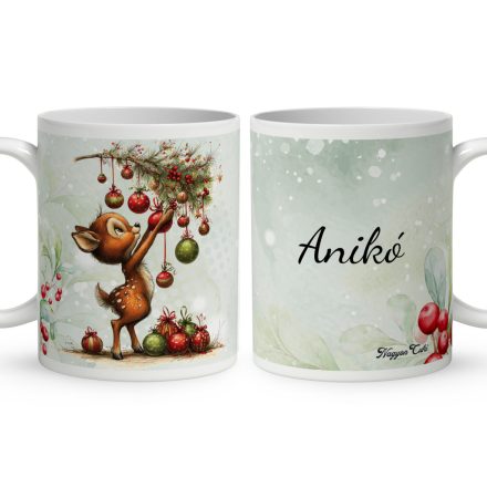 Névvel kérhető - Cuki karácsonyi őzike és a díszek mintás bögre