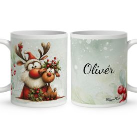   Névvel kérhető - Cuki karácsonyi Mikulás és Rudolf mintás bögre