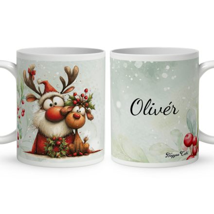 Névvel kérhető - Cuki karácsonyi Mikulás és Rudolf mintás bögre