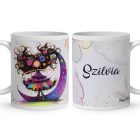 Névvel kérhető - Bájos lila virágos tündér és a hold mintás bögre