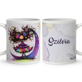  Névvel kérhető - Bájos lila virágos tündér és a hold mintás bögre
