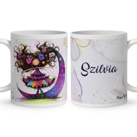 Névvel kérhető - Bájos lila virágos tündér és a hold mintás bögre