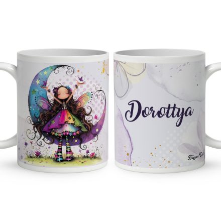 Névvel kérhető - Aranyos lila virágos tündér és a hold mintás bögre