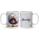 Névvel kérhető - Aranyos lila virágos tündér és a hold mintás bögre