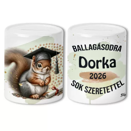 Névvel kérhető Mókus - 2026 évi Ballagásra mintás persely