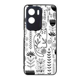 Fehér cica és fekete virágok mintás Honor tok