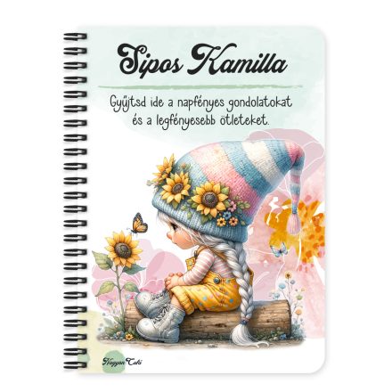 Személyre szabható - Pillangós napraforgós manó lány mintás füzet
