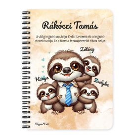   Személyre szabható - Nyakkendős Cuki lajhár Apa és három gyerek mintás füzet