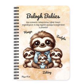   Személyre szabható - Cuki lajhár Apa és három kis lajhár mintás füzet
