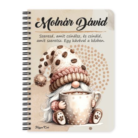 Személyre szabható - Nagy bögrés kávés manó mintás A6-os füzet