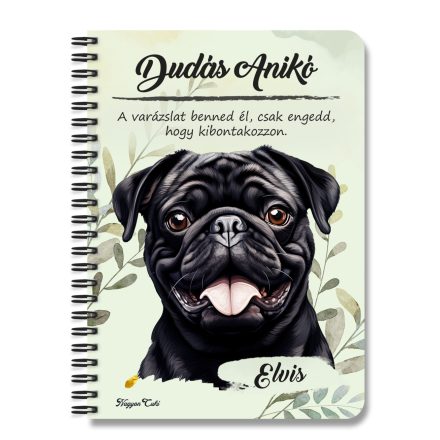 Személyre szabható -  Fekete mopsz portré mintás A6-os füzet
