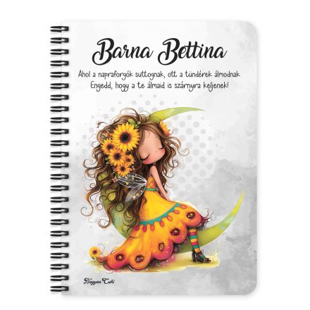 Személyre szabható - Lazulós Napraforgós tündérlány mintás A6-os füzet