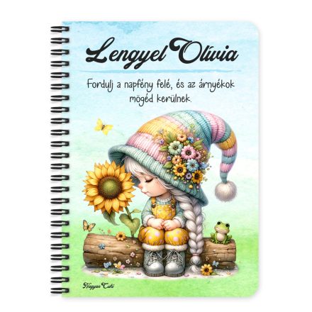 Személyre szabható - Napraforgós manó lány cuki békával mintás A6-os füzet
