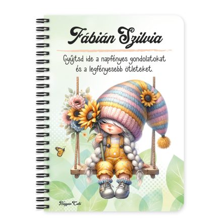 Személyre szabható - Hintázós napraforgós manó lány mintás A6-os füzet