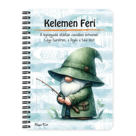 Személyre szabható - Horgász manó esőben mintás A6-os füzet