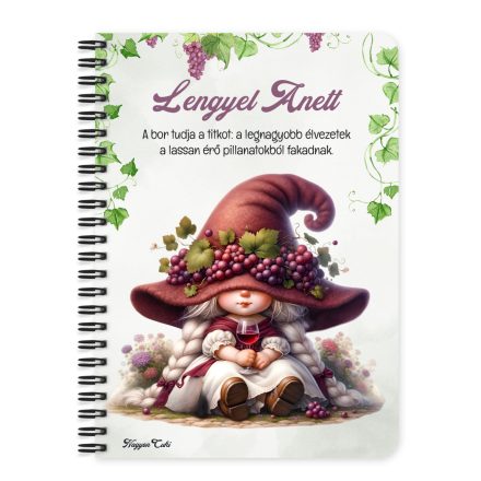 Személyre szabható - Egy pohár bor és a borász manó lány mintás A6-os füzet