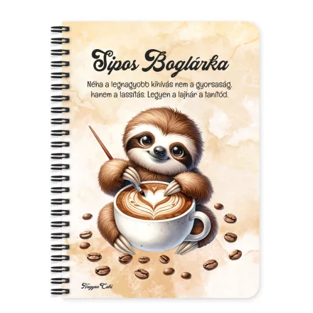 Személyre szabható - Kávés lajhár és a szíves cappucino mintás A6-os füzet